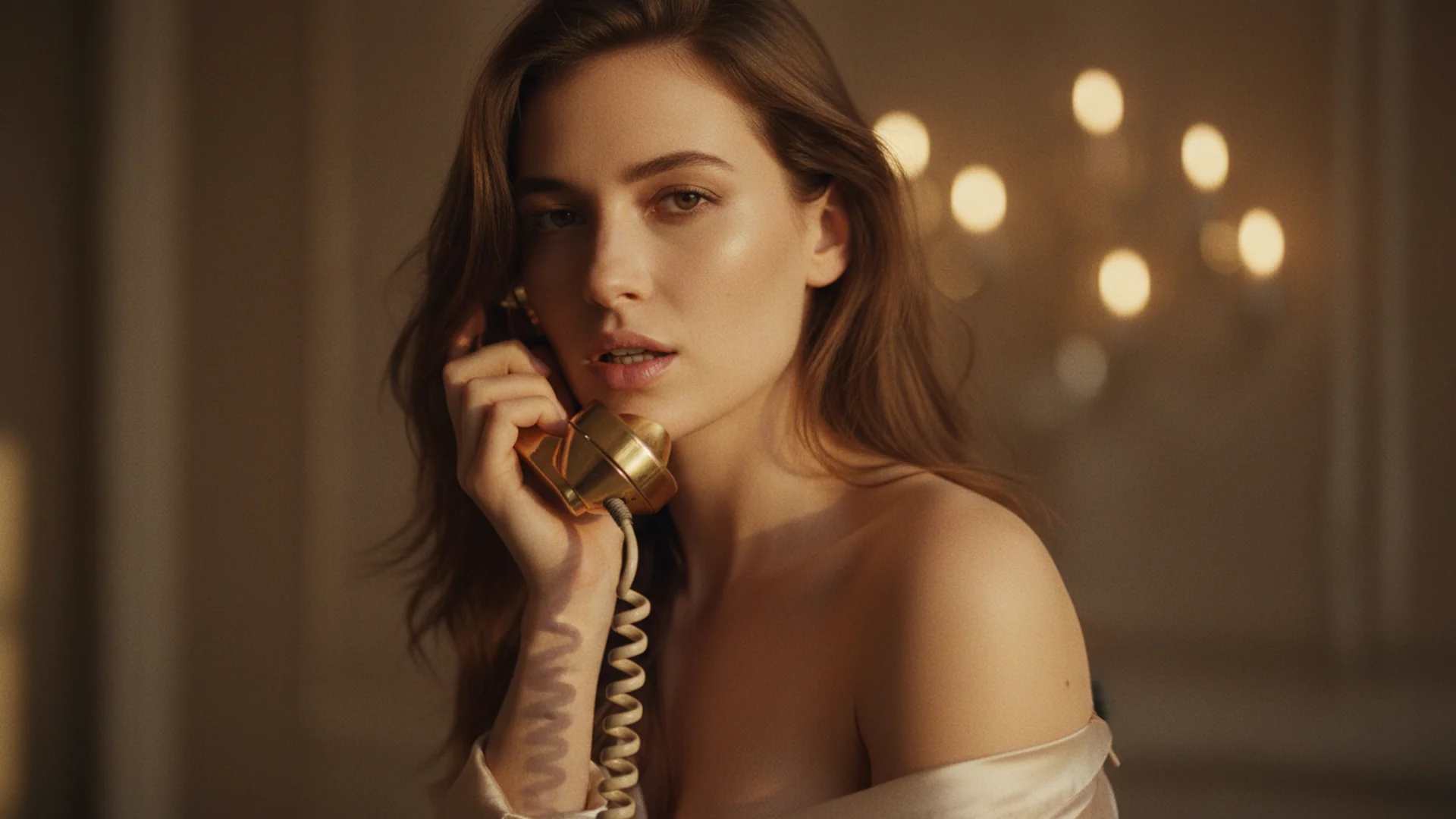 Composición editorial sensual y cálida que representa una conversación íntima por teléfono al otro lado de la línea erótica.